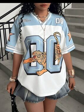 SHEIN Light Blue & White Tiger '00' V-Neck Jersey Top